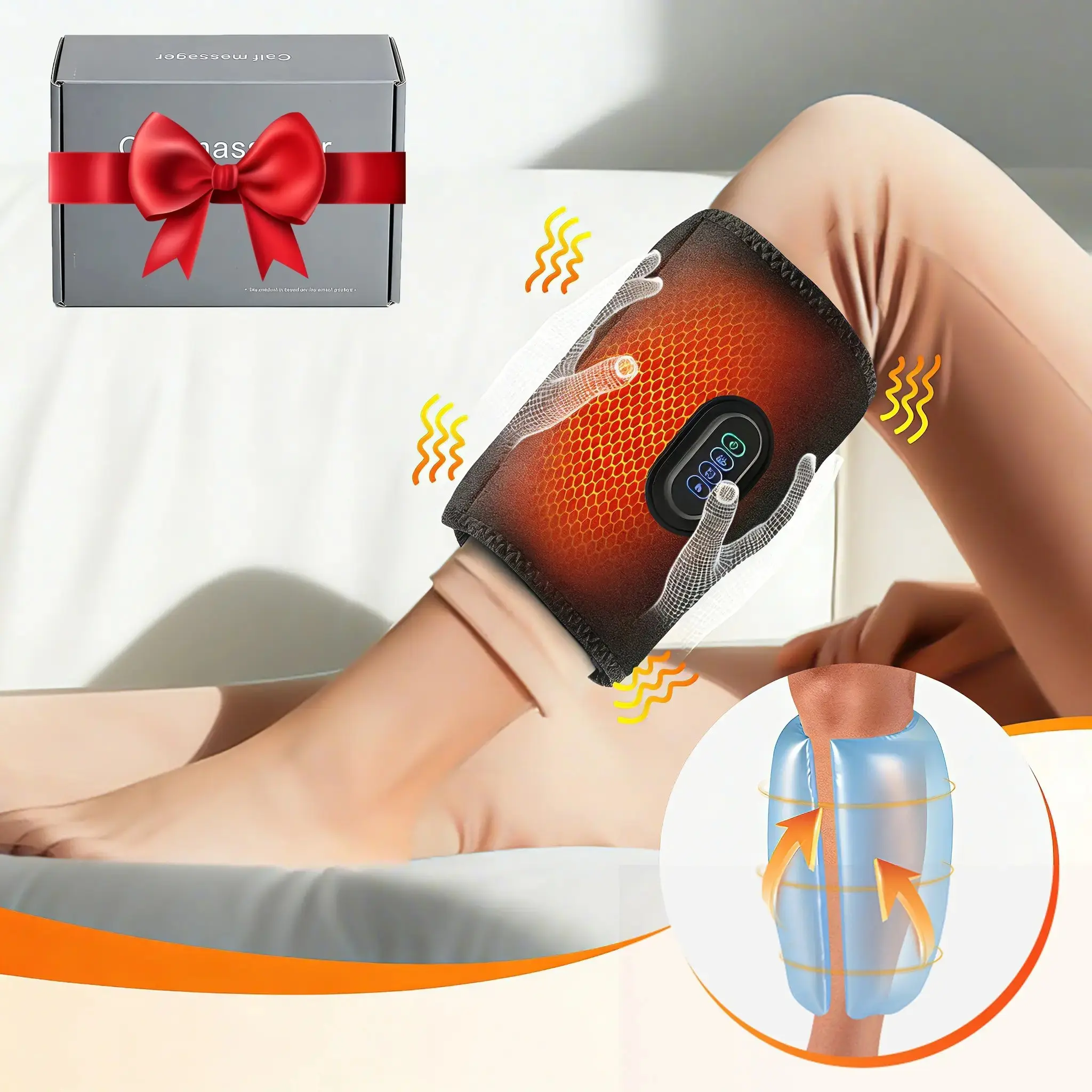 Wireless Air Compression Leg Massager with Heat, Cordless Chargeable Electric Air Pressure Calf Massage Device with 3 Modes, 3 Intensity & 3 Heat for Circulation, Portable Muscle Massagers, Gift, Relaxation Aid, USB Rechargeable Massagers