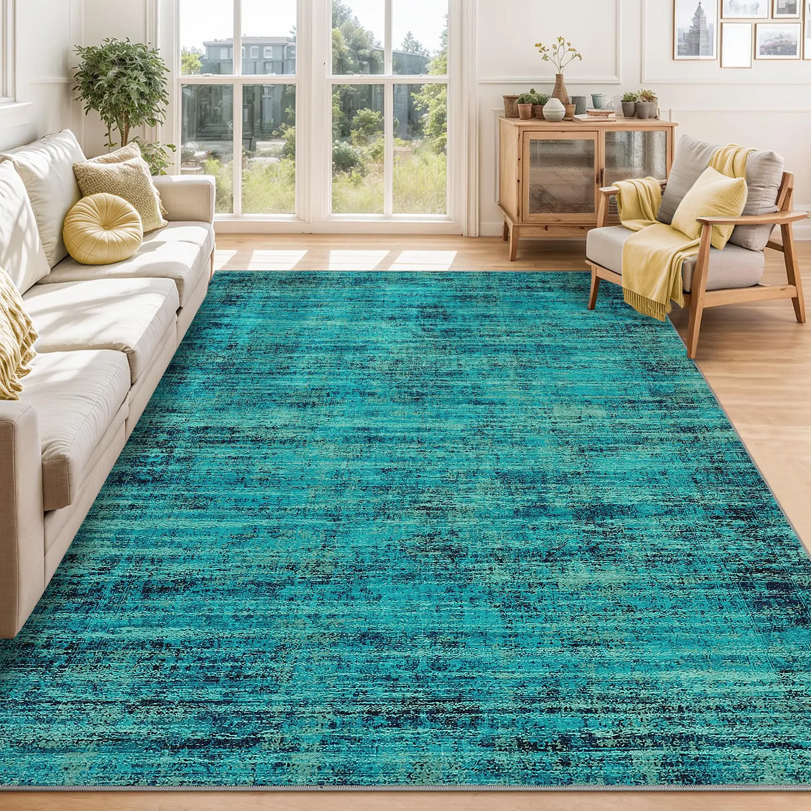 Washable Boho Vintage Area Rug- Soft Distressed Gray Carpet - Collapsible, Non-Slip, Low Pile - Living Room, Bedroom, Nursery, Playroom, Dining Room - Indoor Accent Rug