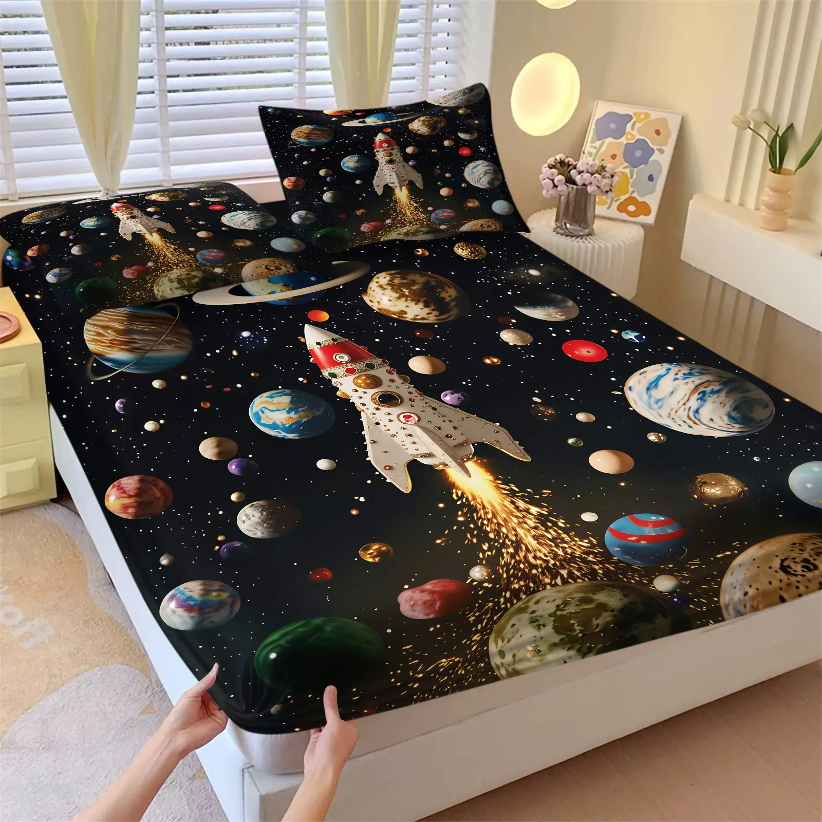 Space Themed Rocket Solar System PlanetFitted Sheet Set, 1 Fitted Sheet & 2 Coreless Pillowcases, Outer Space Galaxy Sci-Fi Style Bedding For Boys And Teenagers, Breathable With Deep Pocket Anti-Slip Design, Birthday Gift For Boys And Home Decor