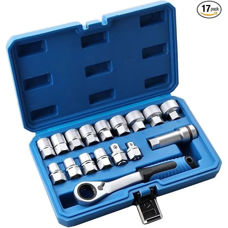 17PCS Pass Through Socket Set, Metric 10-24mm Sockets, 72 Tooth Reversible Ratchet Handle, 3/8"& 1/2" Drive Adapters, Extension Bar, for Long Studs & Bolts Repair, Ratchet Socket Sets