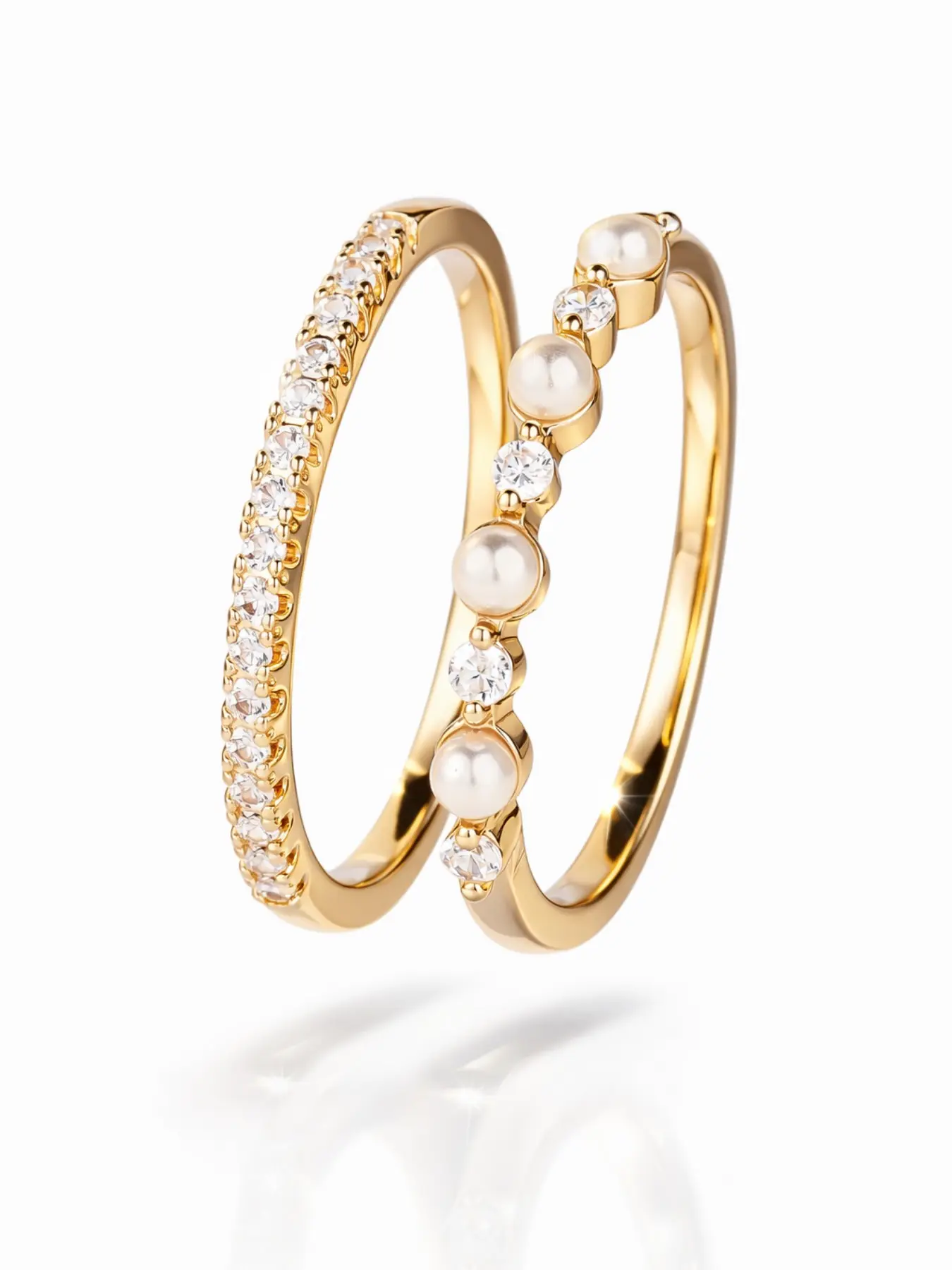 Pearl and Zircon Stackable Ring Set, Elegant Freshwater Pearl Half Eternity Ring, Simple Promise Band, Perfect Gift for Women