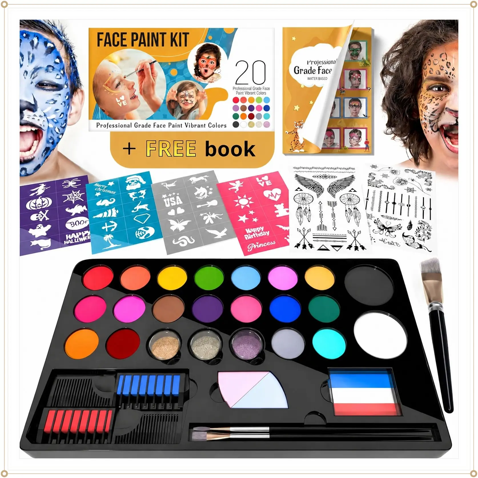 Kids Face Paint Kit – 20 Washable Colors, Stain-Free & Non-Toxic, Paints 60+ Faces, with Hair Chalk, Glitter, Brushes, Stencils – Perfect for Birthdays, Halloween, PartiesGift