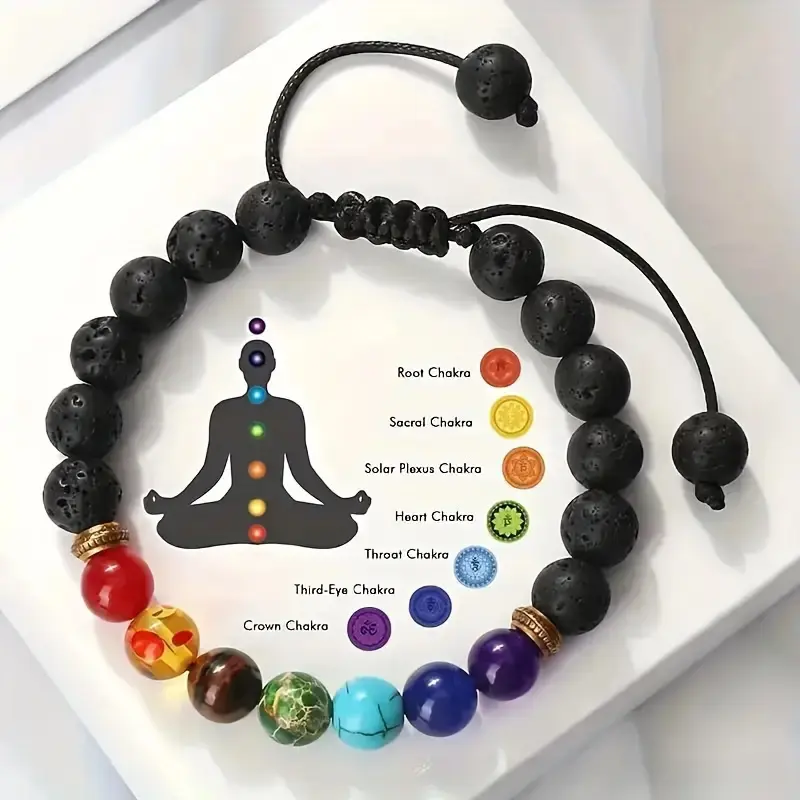 Adjustable Stretch Lava Stone Beaded Bracelet With 7 Chakra Color Beads, Stylish Stackable Woven Wrist Jewelry, Trendy Daily Accessory For Casual Yoga Meditation Outfits & Meaningful Gift For Women