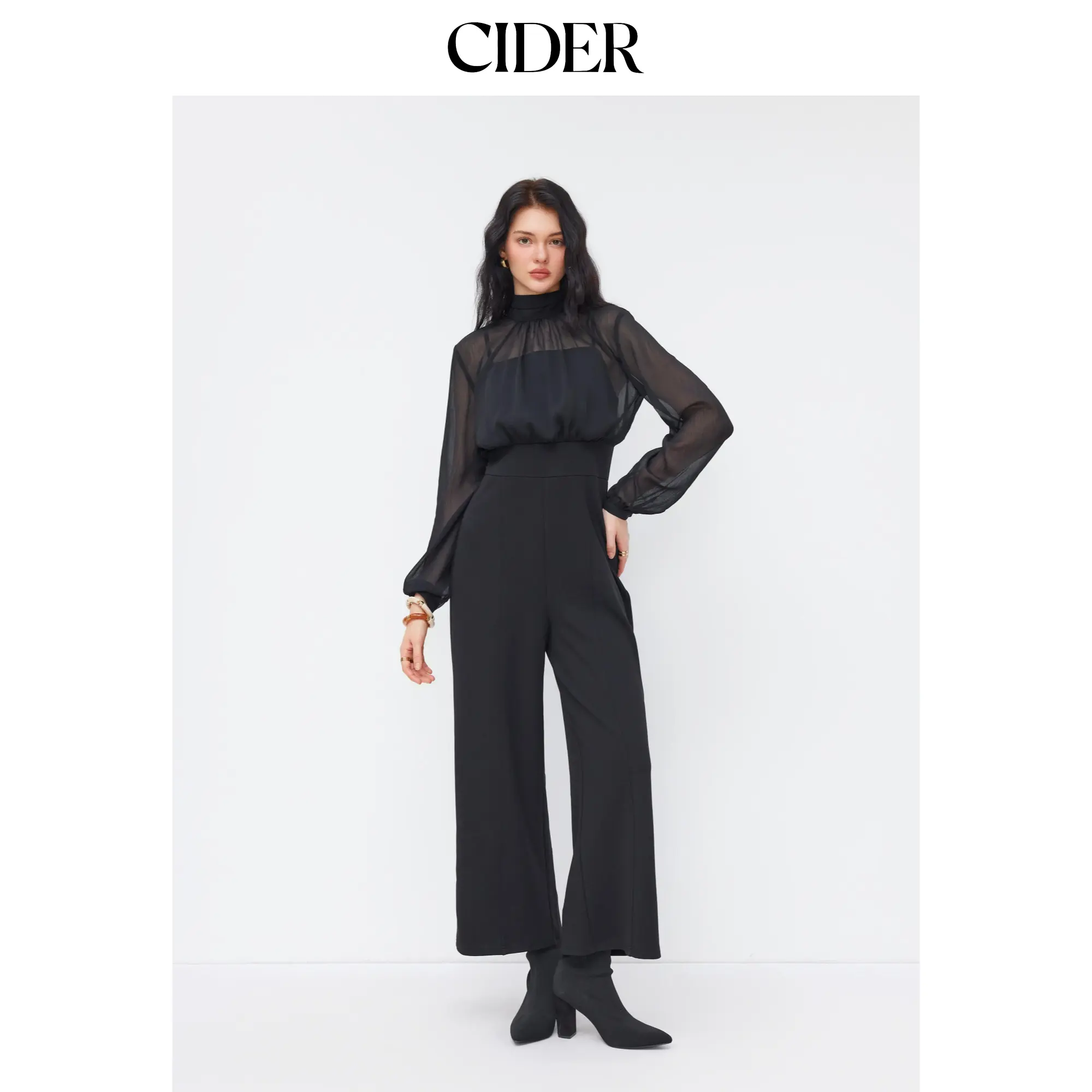 Cider High Neck Ruched Knotted Wide Leg Jumpsuit