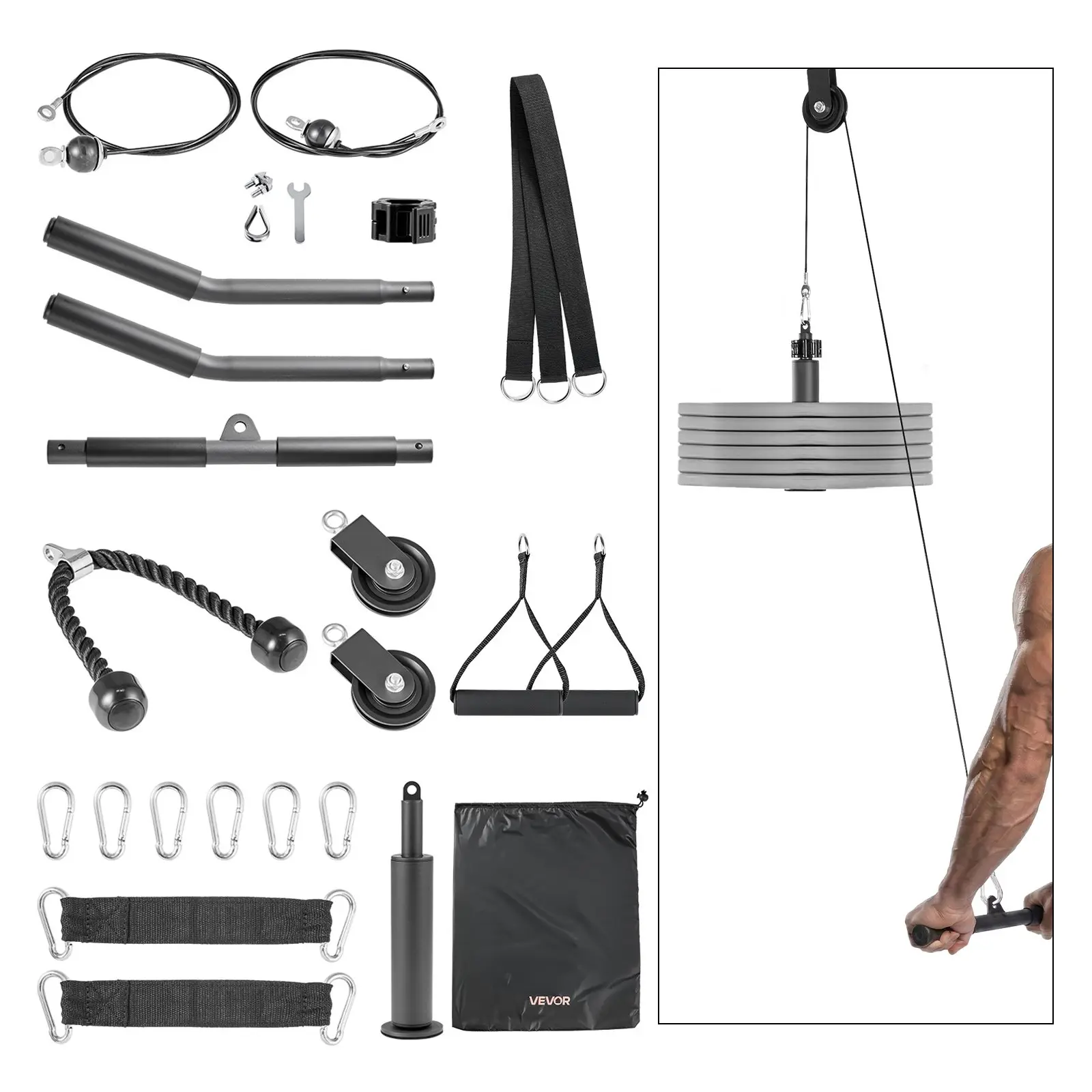 toolupgrade VEVOR Heavy Duty LAT and Lift Pulley System (2 PCS Gym Rack Attachments), 330lb Capacity Functional Training Workout Cable Machine with 2 Steel Cables, Short Bar, Dual Grip Handles, Quick Install Long Straps