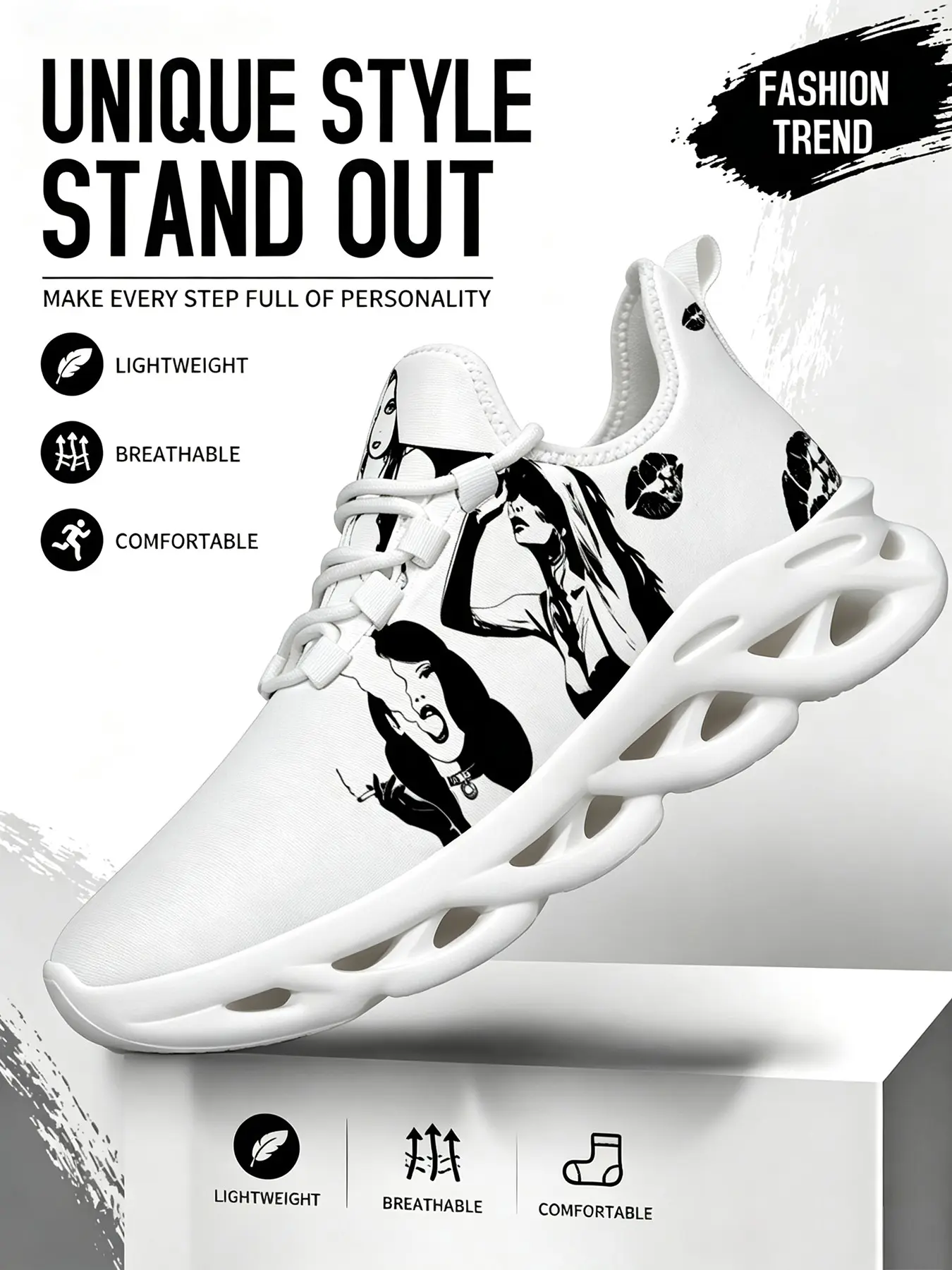 Fashion Adult Woman'S Black White Print Blade Workout Sneakers Lightweight Breathable America Street Style Walking Shoes Non Slip Shock Absorbing Athletic Running Shoes Trend Streetwear Casual Footwear