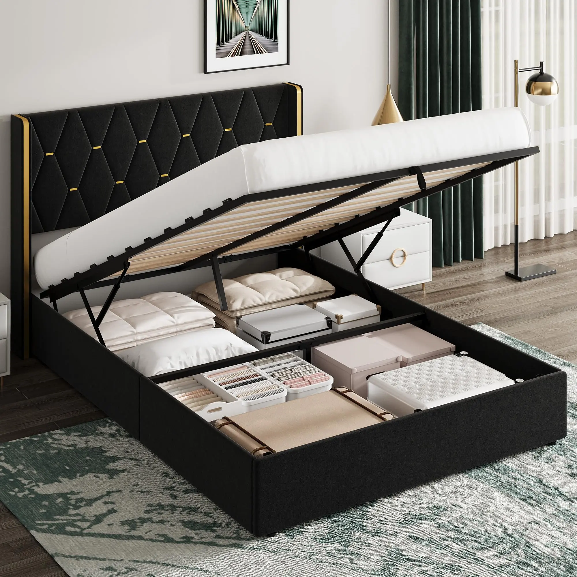Queen/Full Size Wingback Bed Frame with Gold Trim Diamond Tufting, Furniture Bed Frame with Headboard and Storage, 1000 lbs Max Underbed Hydraulic Lift with Wood Slats, Underbed Lift