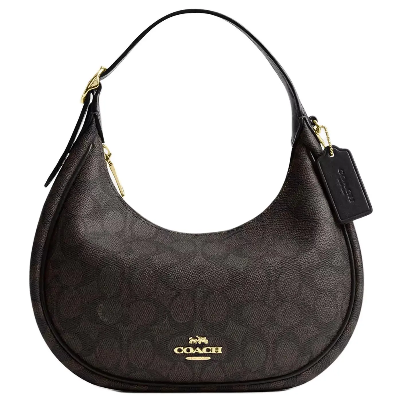 COACH Emily Monogram Coated Canvas and Smooth Leather Crescent Bag, Medium, Women's, Dark Brown