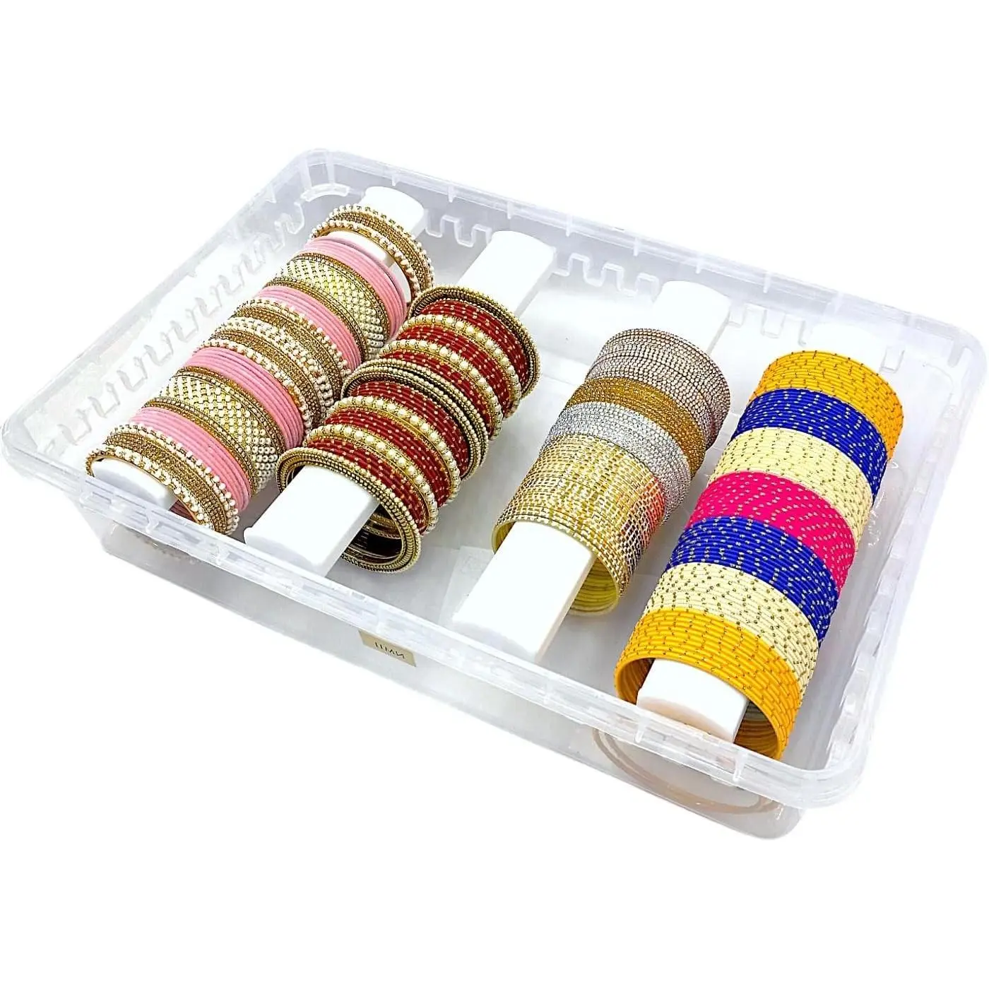 Multipurpose Plastic Storage Box with 4 Adjustable Rods - Organizer for Bangles, Chuda, Kada, Watches, Scrunchies (Transparent, Big, 4-Rod)Gift