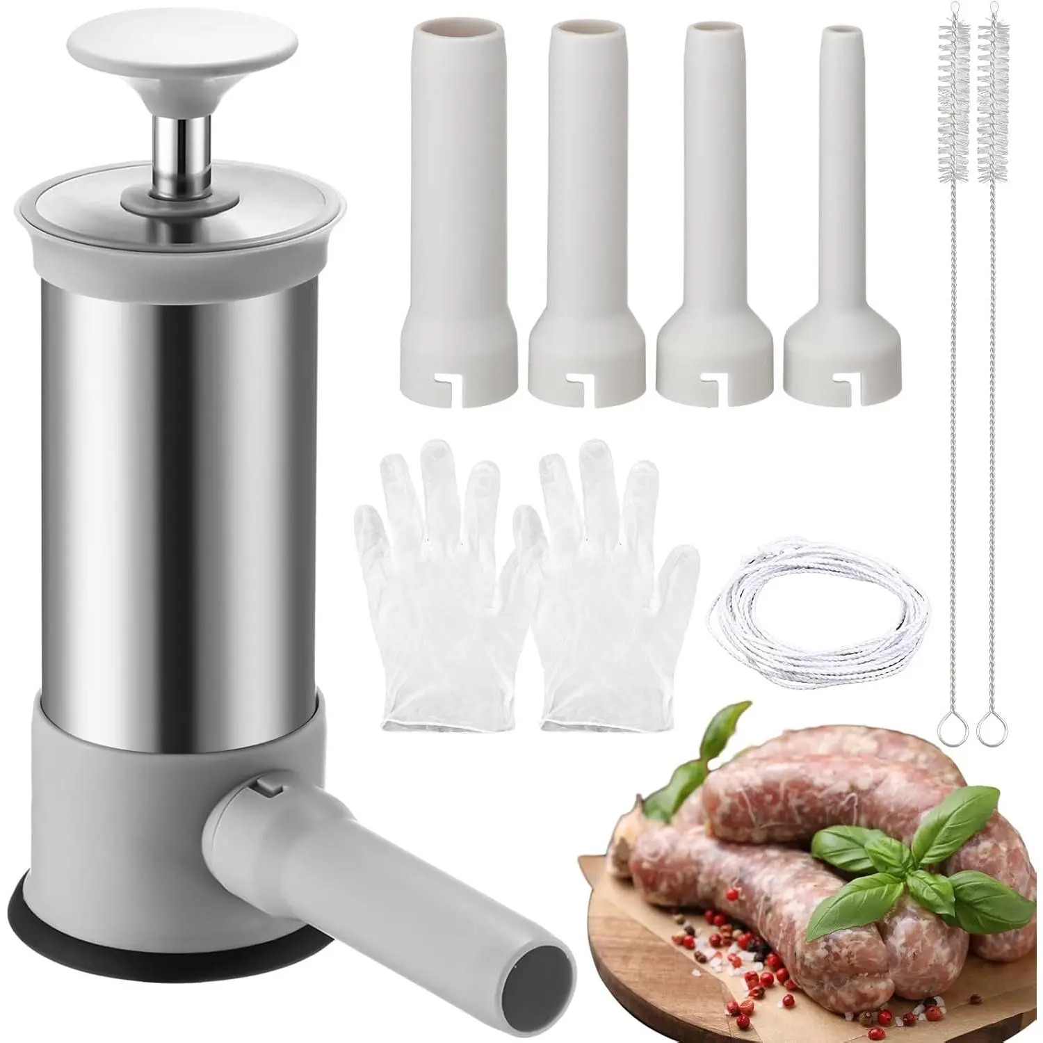 Sausage Stuffer Machine with 4 Stuffing Tubes Gloves Brushes Cotton Threads Meat Filling Homemade Manual Vertical Sausage Maker Tool Kit for Household Kitchen 2.2 LBS Large Capacity
