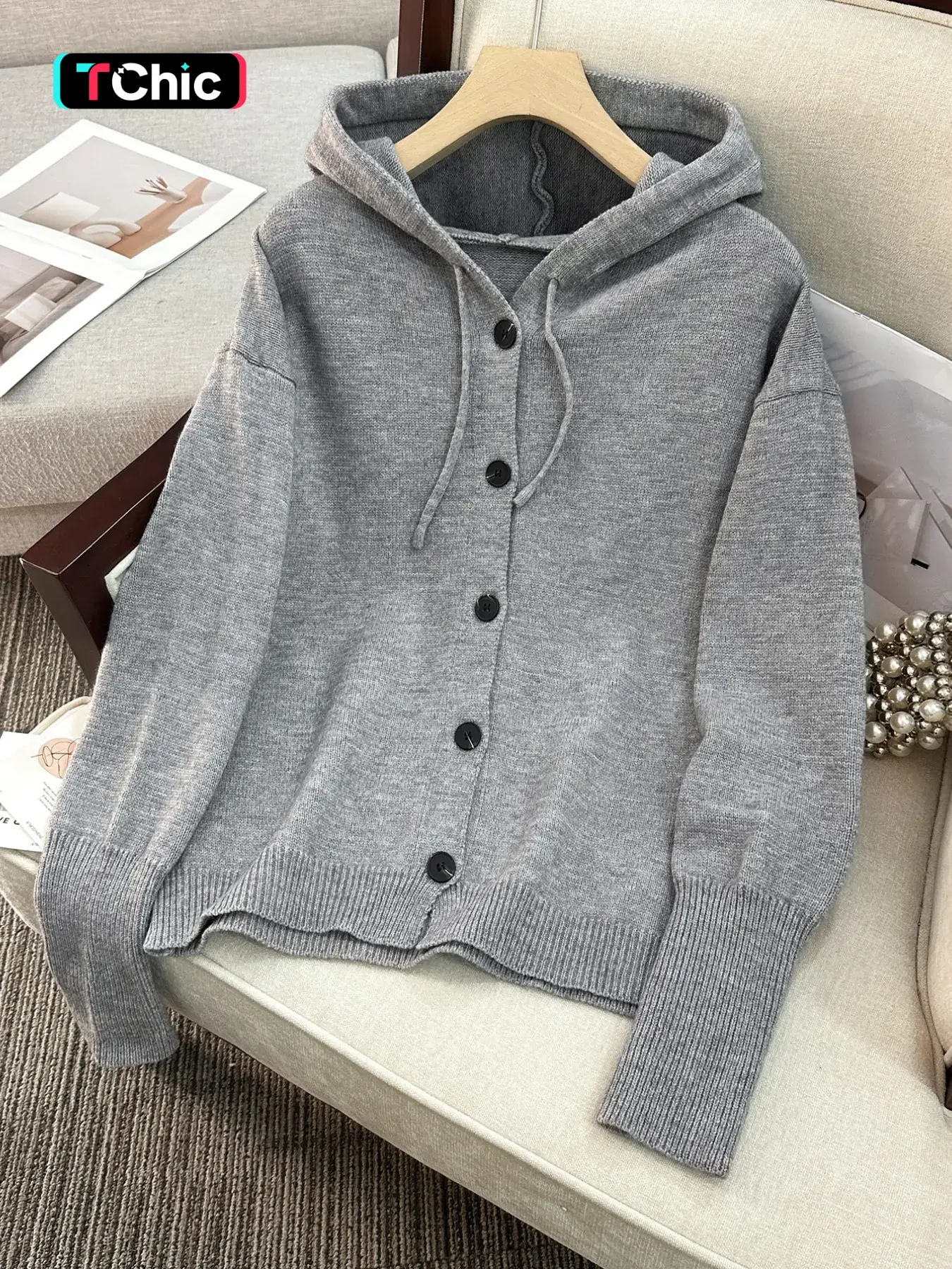 Women's Plain Button Front Drawstring Hooded Cardigan, Casual, Knitted Drop Shoulder Long Sleeve Knitwear for Fall & Winter, Women's Knit Clothing for Daily Wear, Womenswear