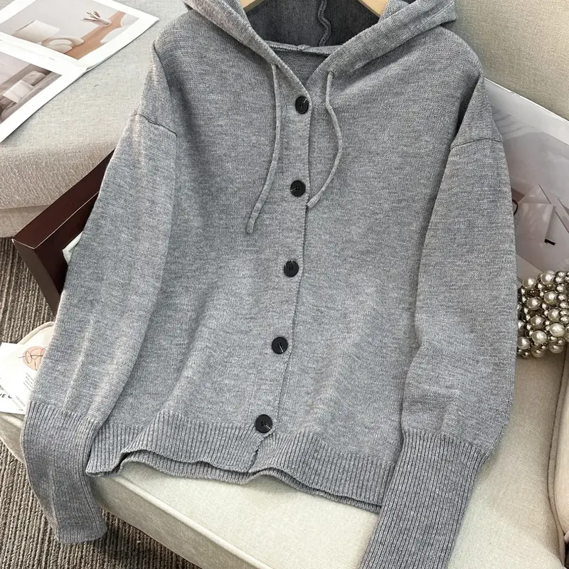 Women's Plain Button Front Drawstring Hooded Cardigan, Casual, Knitted Drop Shoulder Long Sleeve Knitwear for Fall & Winter, Women's Knit Clothing for Daily Wear, Womenswear