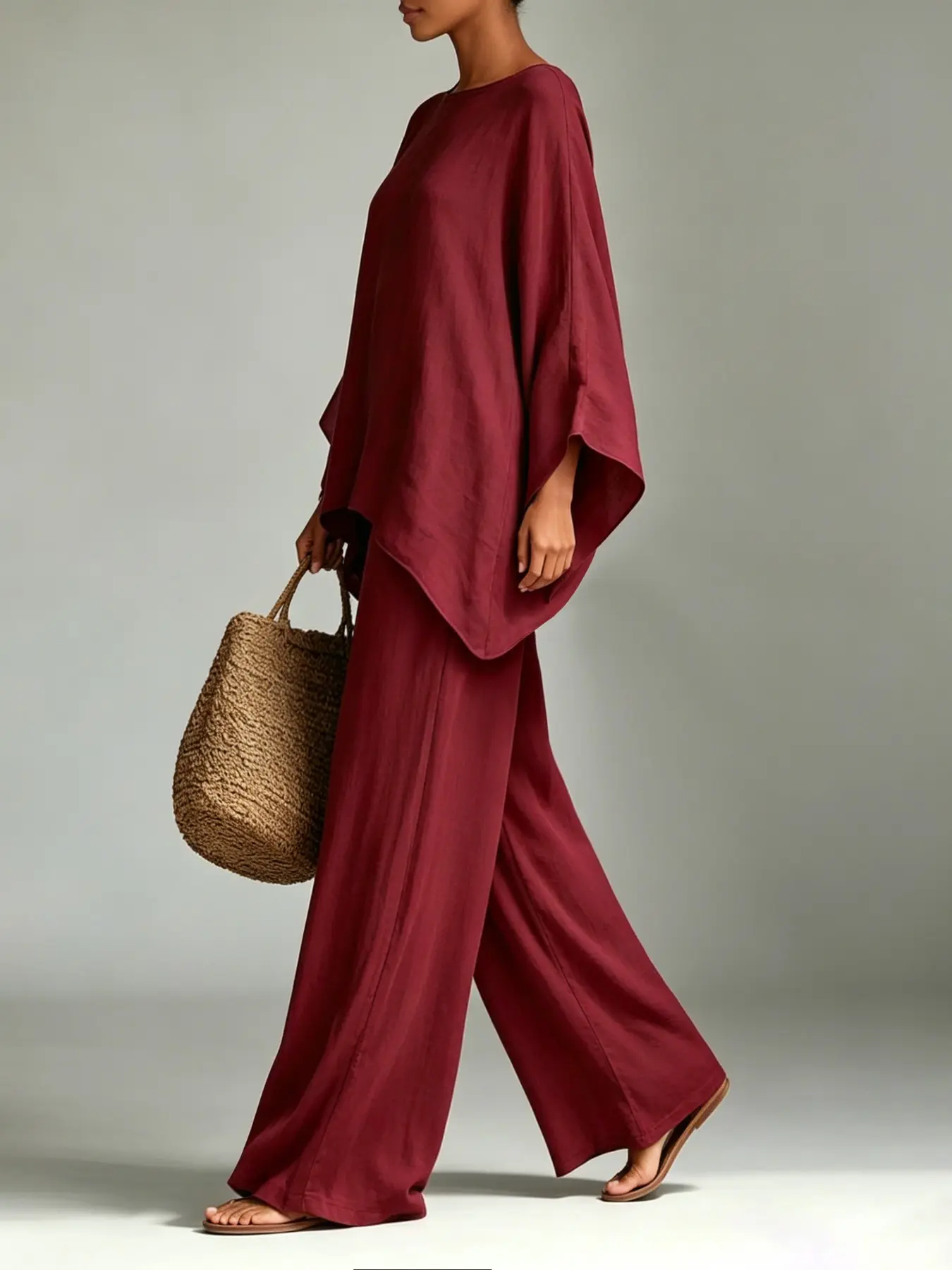 F6216 Soft Life Quiet Luxury Two-Piece Matching Outfit, Slouchy Batwing Crew Neck Top With Wavy Uneven Hem, Airy Wide Leg Trousers, Light Textured Clean Girl Suit for Daily Looks & Holiday Travel.