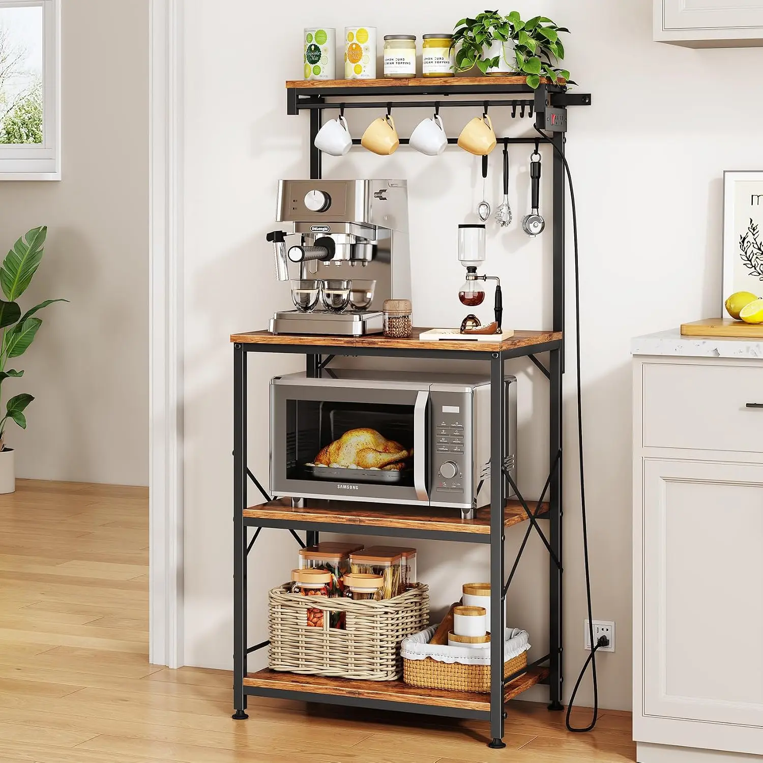 Bakers Rack with Power Outlet, Kitchen Shelves Microwave Stand with Wire Grid and 10 Hooks, 4 Tiers Coffee Stand (Rustic Brown, 21.7 x 14.2 x 49.6 Inches)