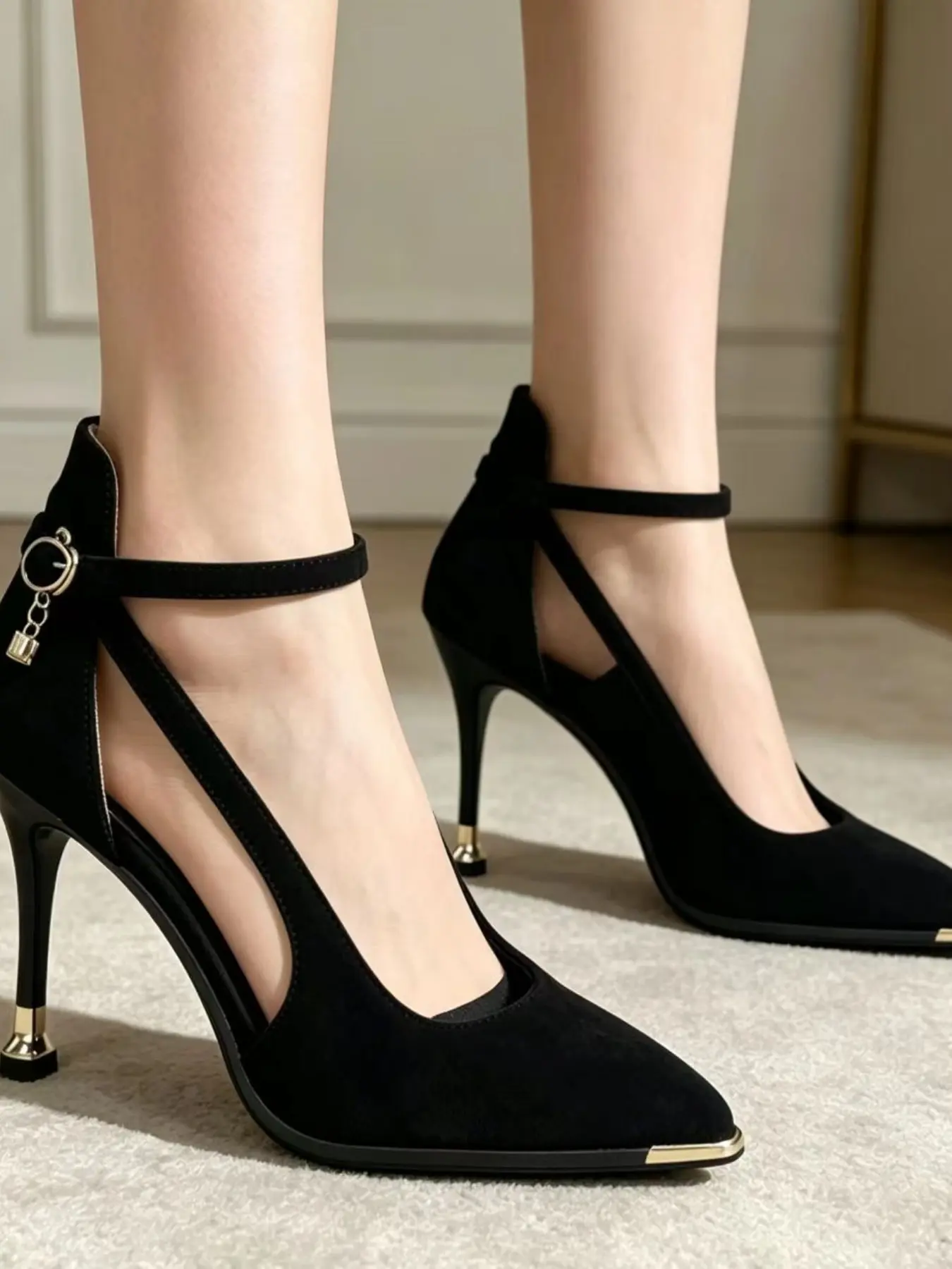 Women's Pointed Toe Hollow Out Ankle Strap High Heel Shoes, Faux Suede Metal Lock Pendant, Elegant Formal Style, Perfect for Weddings, Parties, Nightclubs, Dates, Office Dinners