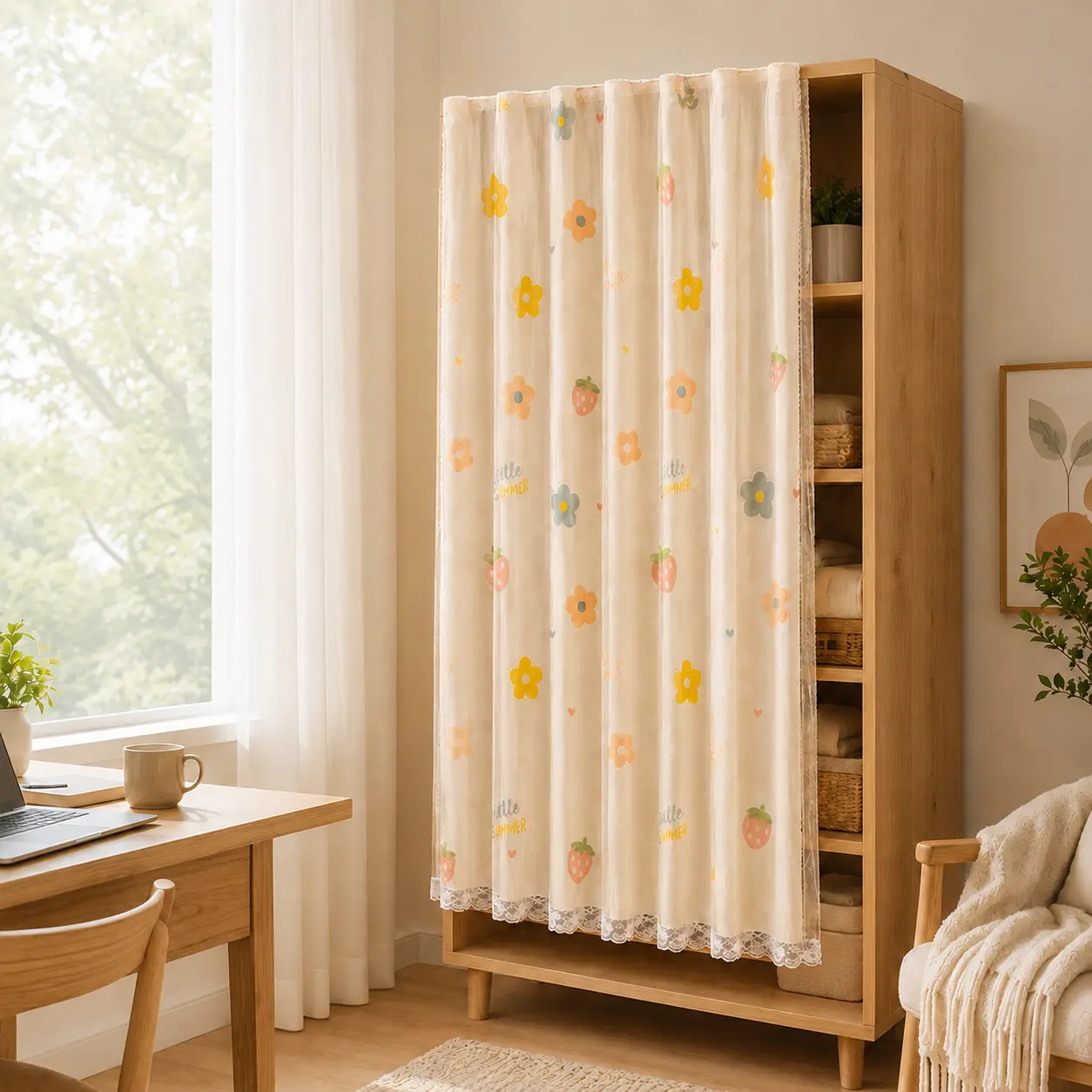 Lace Trim Closet Curtain, Floral Print Storage Cabinet Curtain for Open Shelves, Lightweight Privacy Cover for Bedroom Home Decor