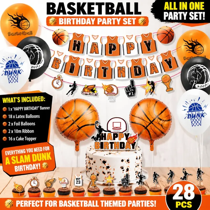 Boys Basketball Sports Birthday Decor Set, Happy Birthday Banner Hanging Garland, Basketball Foil & Latex Balloon Cupcake Topper Kit, Kids Sports Birthday Party Atmosphere Props Gift