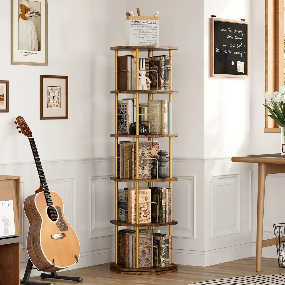 [5-Tier 360 Rotating] IRONCK Floor-Standing Bookcase, Multi-Level Wooden Storage Organizer Rack, Easy-Setup Spinning Bookshelf for Home & Office Display