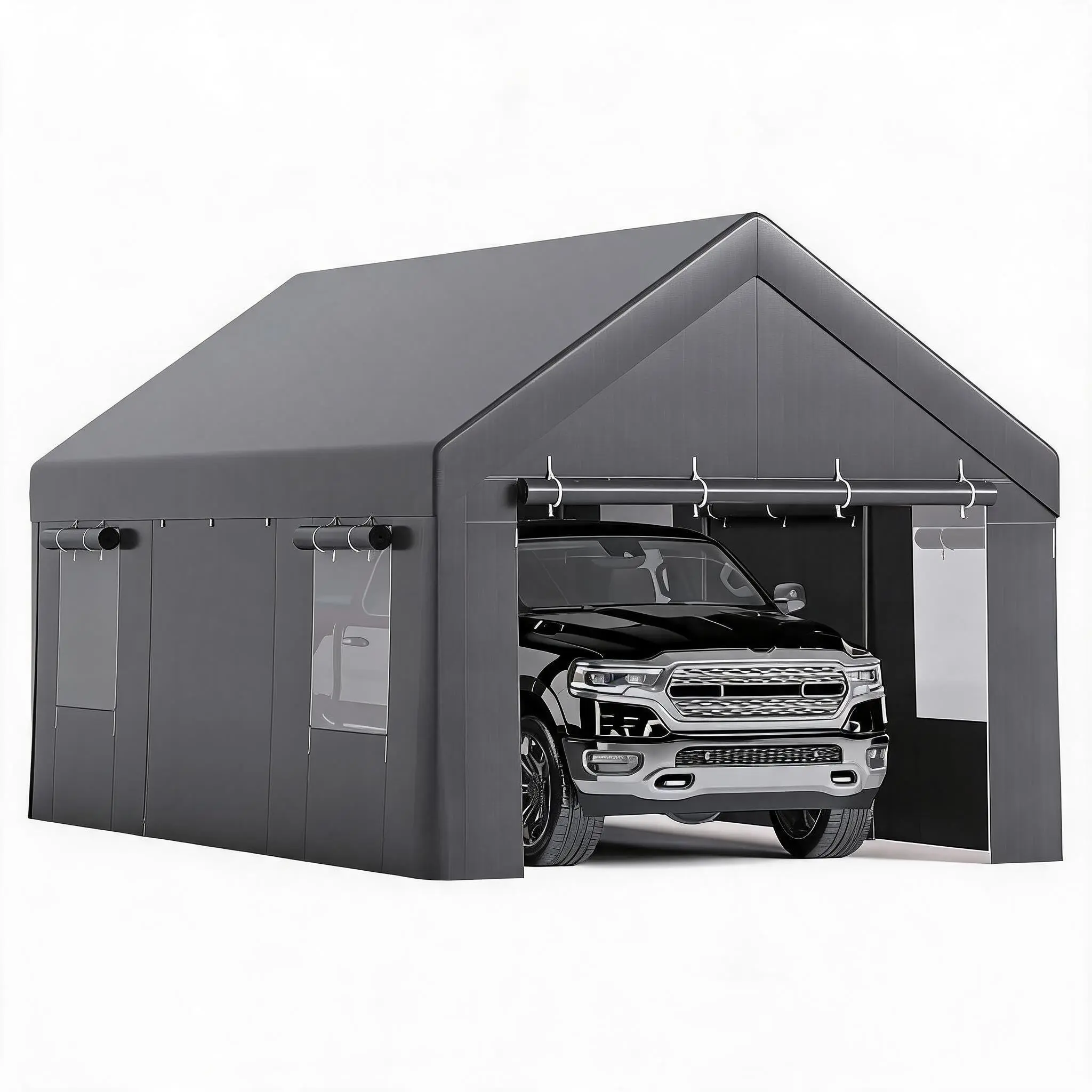 10x20ft Heavy Duty Carport with Roll-Up Windows, Portable Garage with Removable Sidewalls & Doors, All-Season Vehicle Shelter, Steel Frame