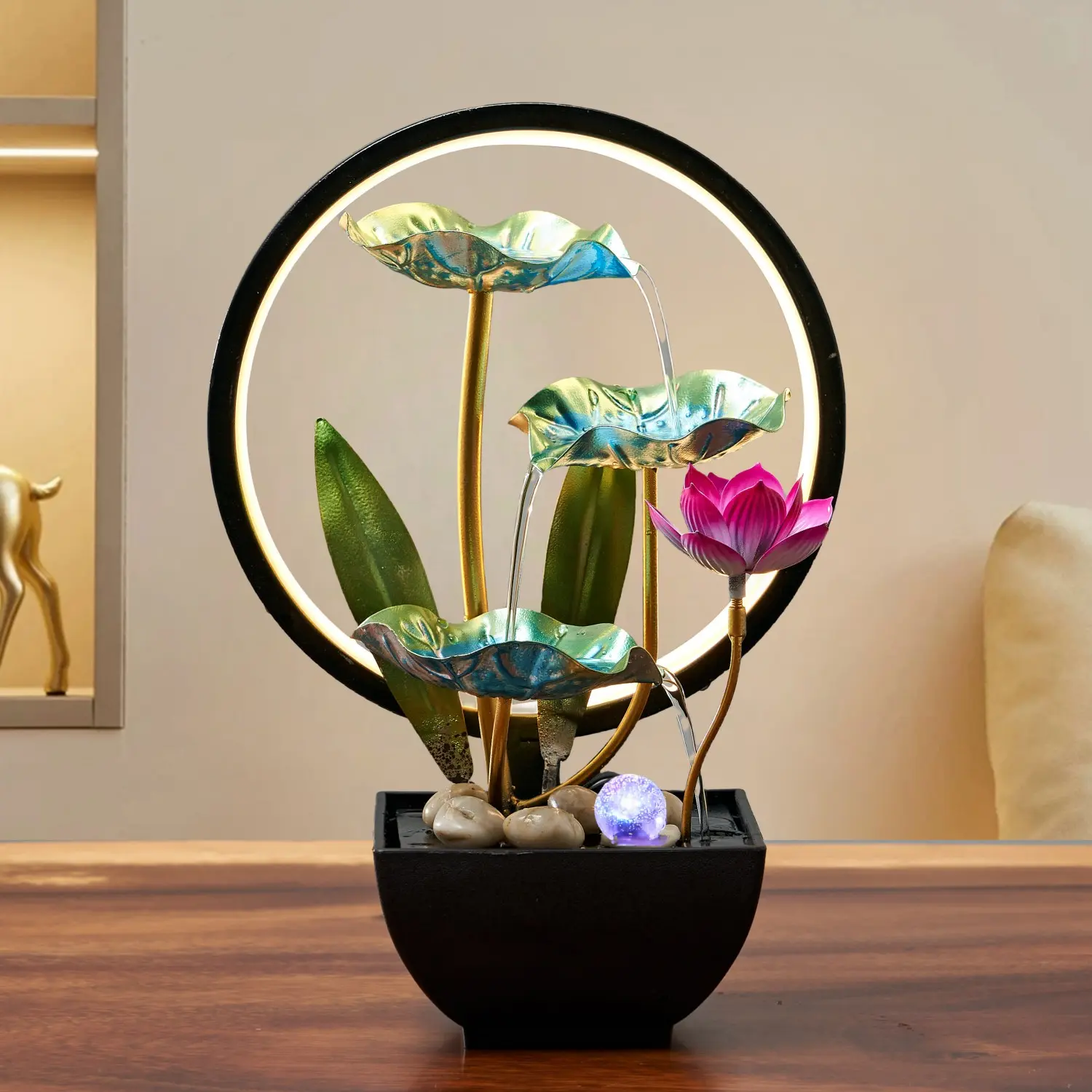 Three-Layer Desktop Wealth Attracting Lotus Water Flow Ornament, Indoor Living Room Quiet Water Circulation Sculpture, Moving Home Opening Gift, Decorative Ornaments