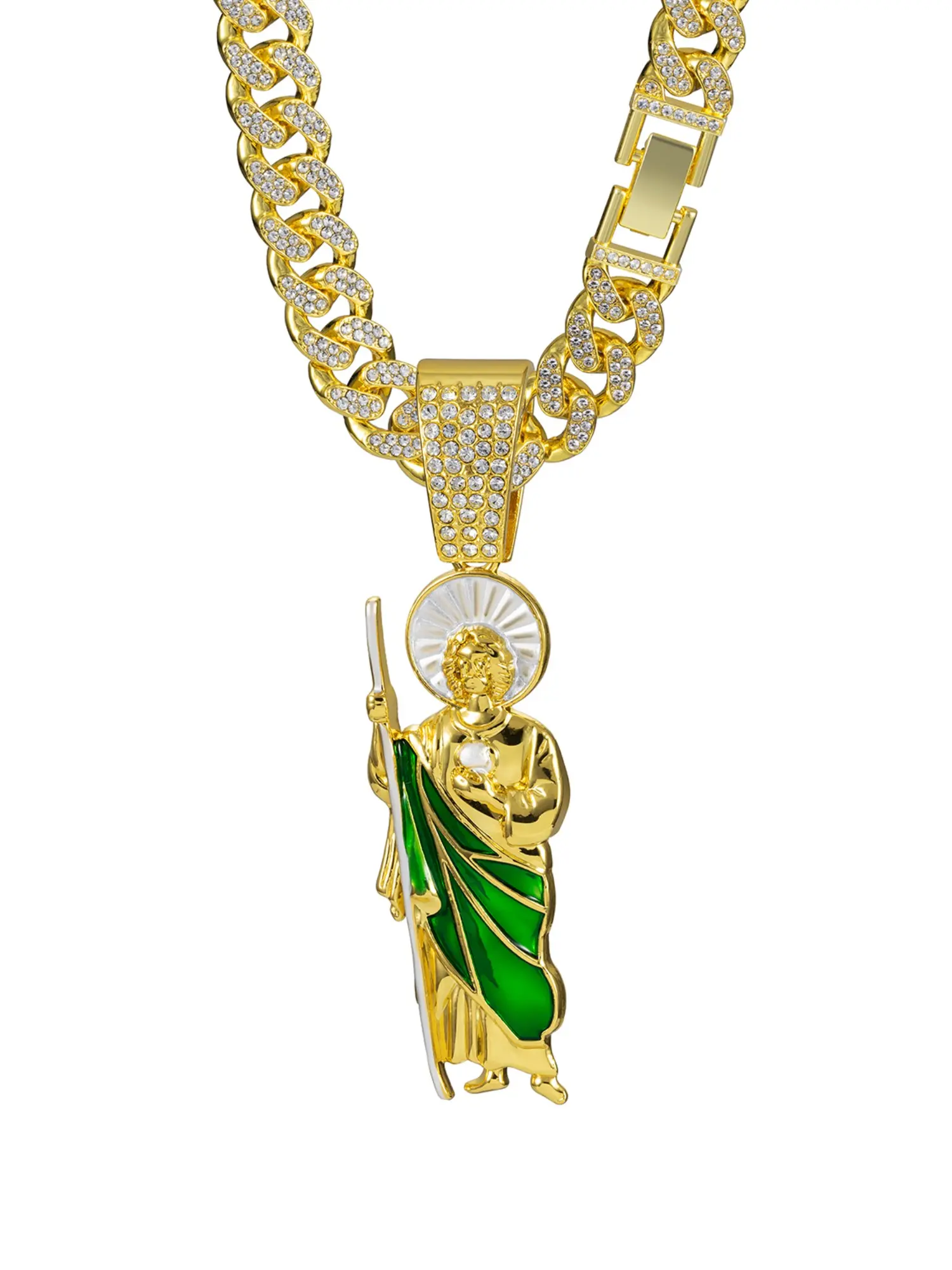 Enamel Saint Judas Pendant, Cuban Chain, Full Diamond Street Style Necklace, Unisex Hip Hop Fashion Jewelry