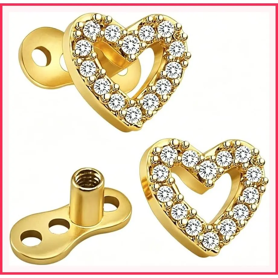 2Pcs 14G Cubic Zirconia Heart Dermal Anchor Tops and Base for Women, Dainty Surgical Steel Love Heart Internally Threaded Dermal Piercing Microdermal Studs, Statement Punk Body Jewelry