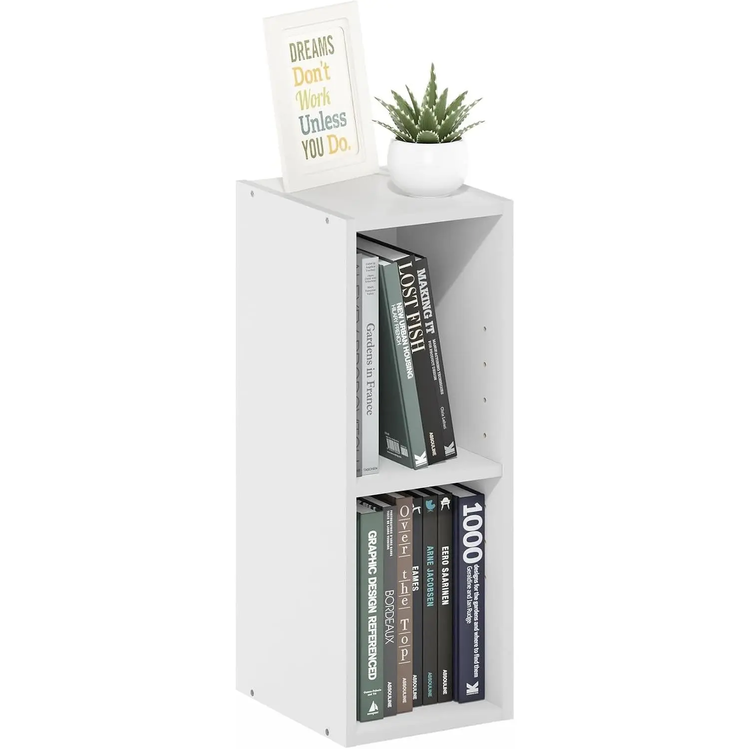Fulda Book Shelf, 2-Tier Narrow Bookshelf, Bookcase with 8-in Width Storage Shelf, 9.3 x 7.9 x 21.2, for Living Room, Bedroom, Home Office, White