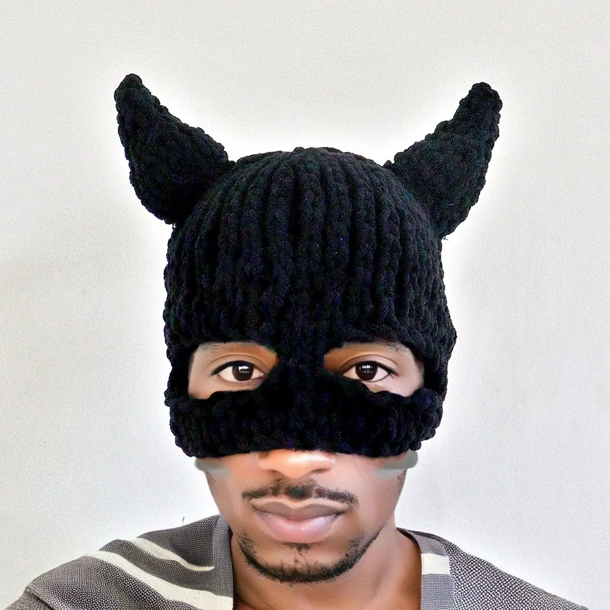 Novelty Bat Ear Knitted Balaclava Hat, Fleece‑Lined Half Face Cover Mask Beanie, Warm Crochet Headwear for Halloween Cosplay Party Winter Outdoor