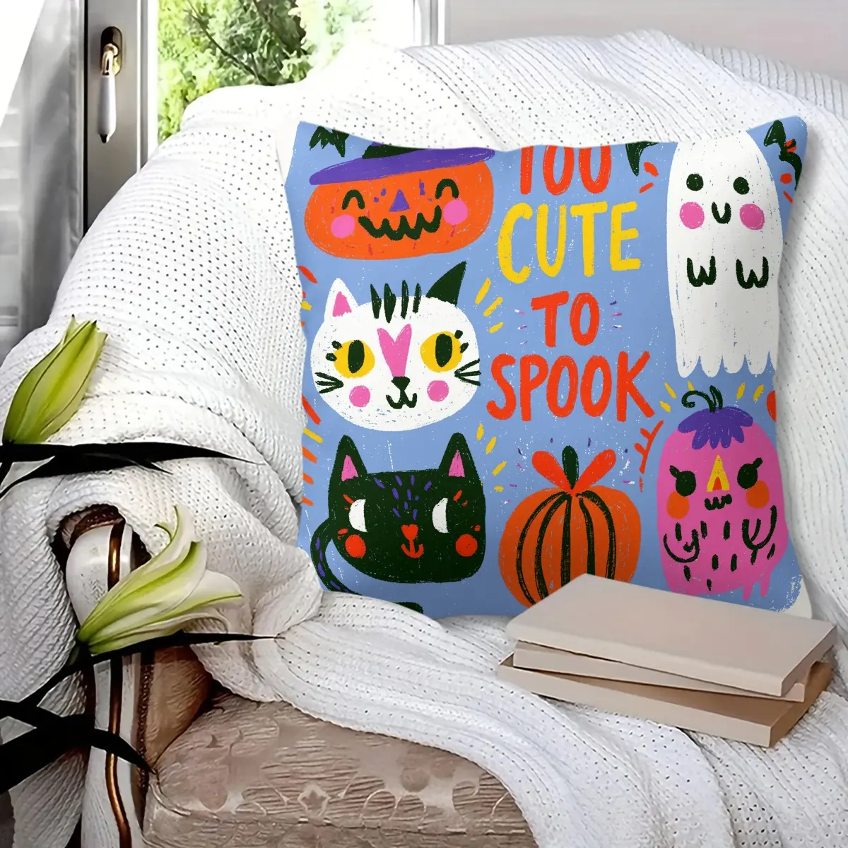 45x45cm 1Pc, Halloween Themed Cute Throw Pillow with "Too Cute To Spook" Print, Soft Fluffy Durable Decorative Cushion, Perfect for Sofa, Bedroom, Living Room Decor, Ideal Holiday Small Gift, with pillow insert included.