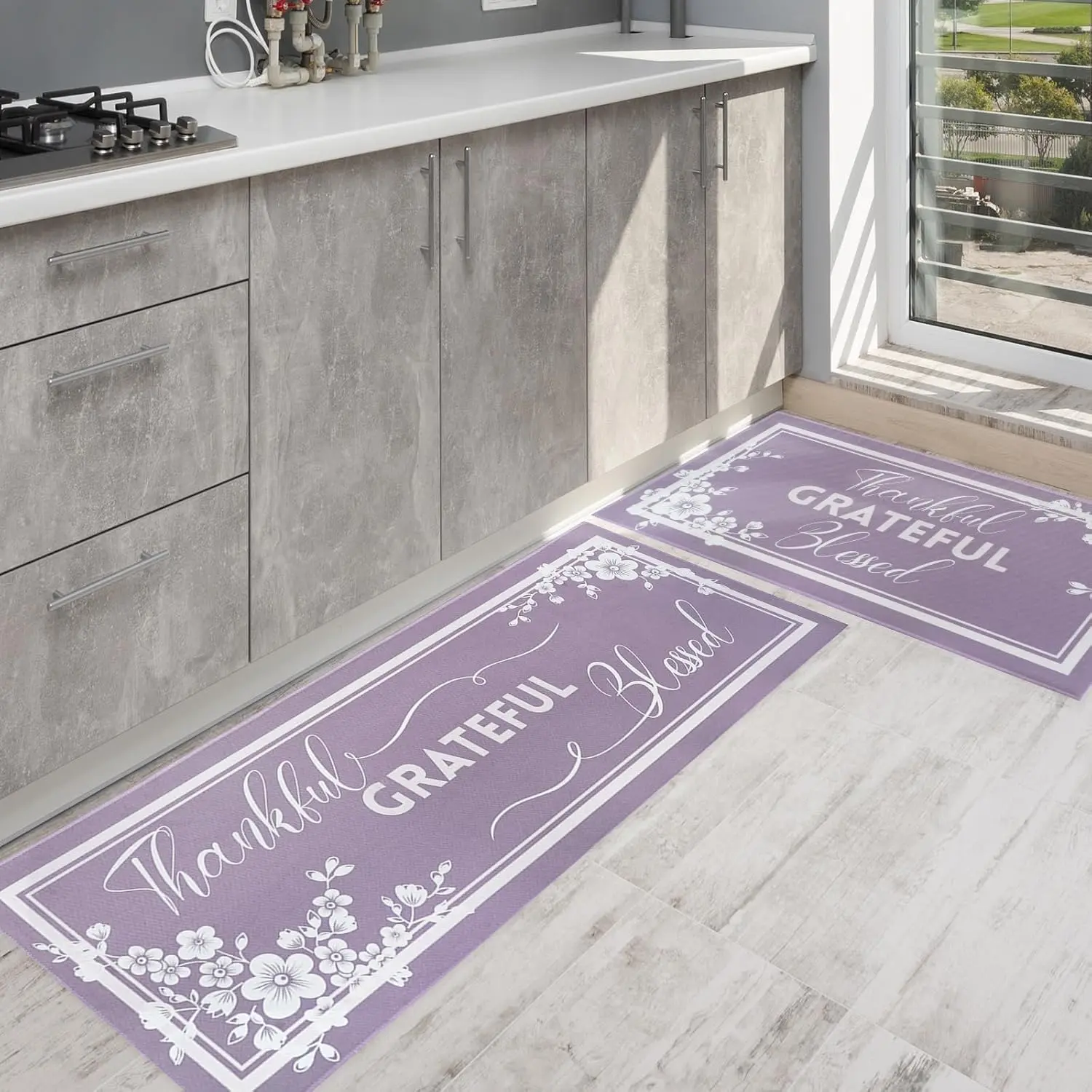 Purple Floral Mats for Set of 2, Mat Carpet Runner Area Rug Washable, Lavender Home Decor and Accessories Stuff, 17x30 and 17x47 Inch