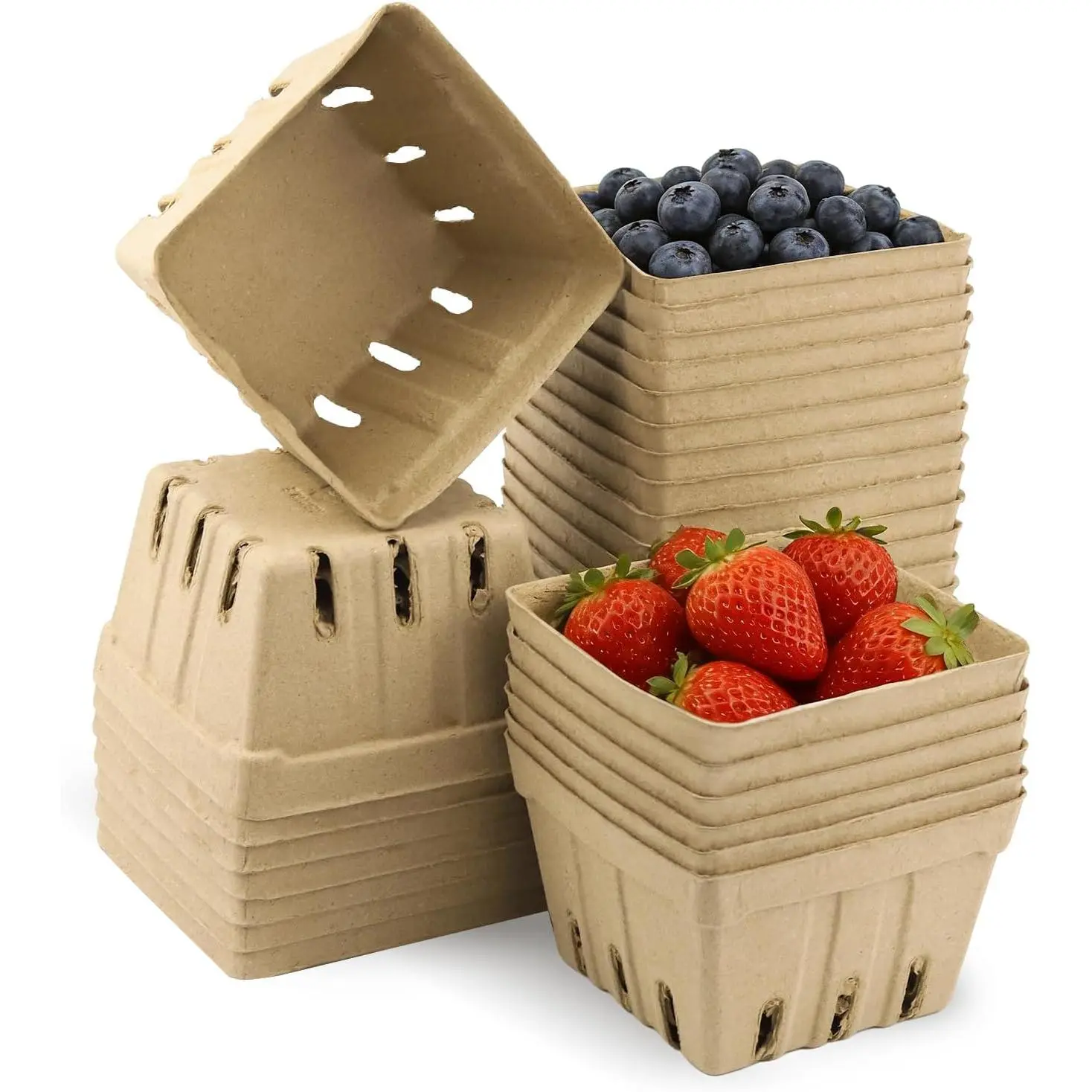 30 Pack  Pulp Fiber Berry Basket (4.3x4.3x2.75 Inch),  Pulp Produce Baskets & Berry Containers, Vented Strawberry Baskets for Farmers Market Decor, Grocery Store and Kitchen Display