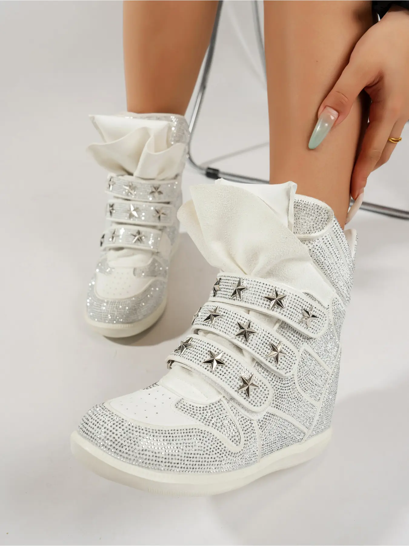 Ladies Gothic Silver Star Stud Rhinestone Wedge Ankle Booties All Over Crystal Upper Hidden Heel Street Concert Night Out Shoes