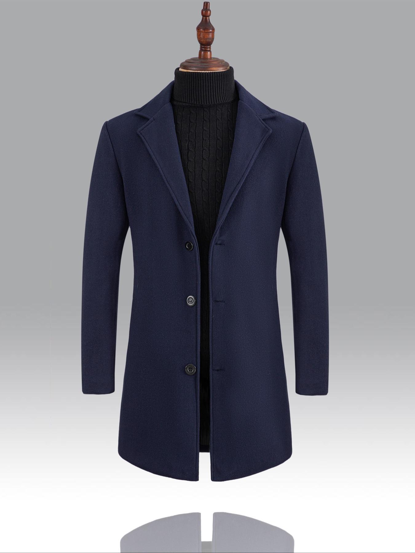 Men's Regular Fit Solid Lapel Collar Single Breasted Trench Coat, Long Sleeve Button Front Coat For Men, Fashion Casual Cozy Comfy Men's Outerwear For Winter Jackets