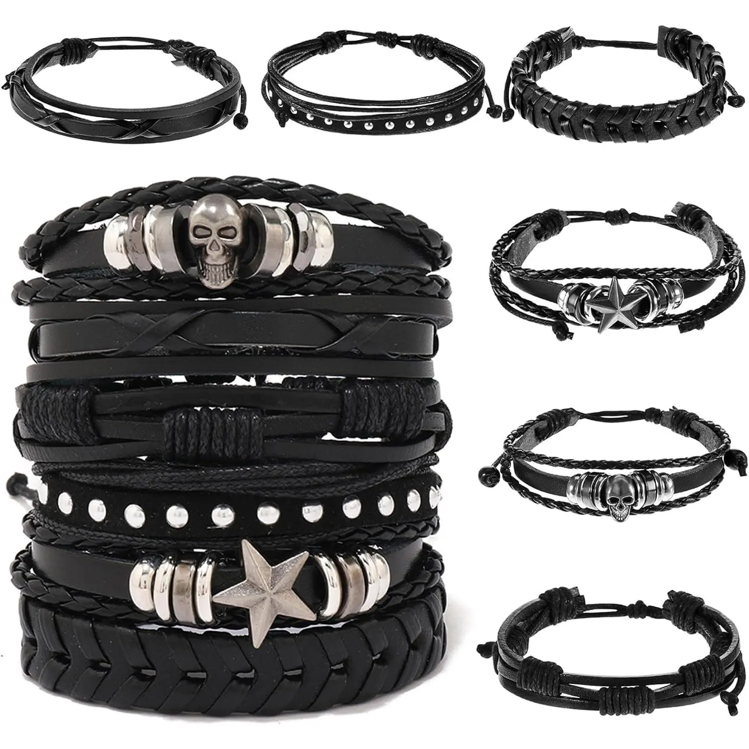 6 Pack Leather Punk Bracelets – Gothic Studded Cuff with Spike Rivets, Adjustable Wristband for Men & Women (ayered Alternative  for Daily/Party Wear