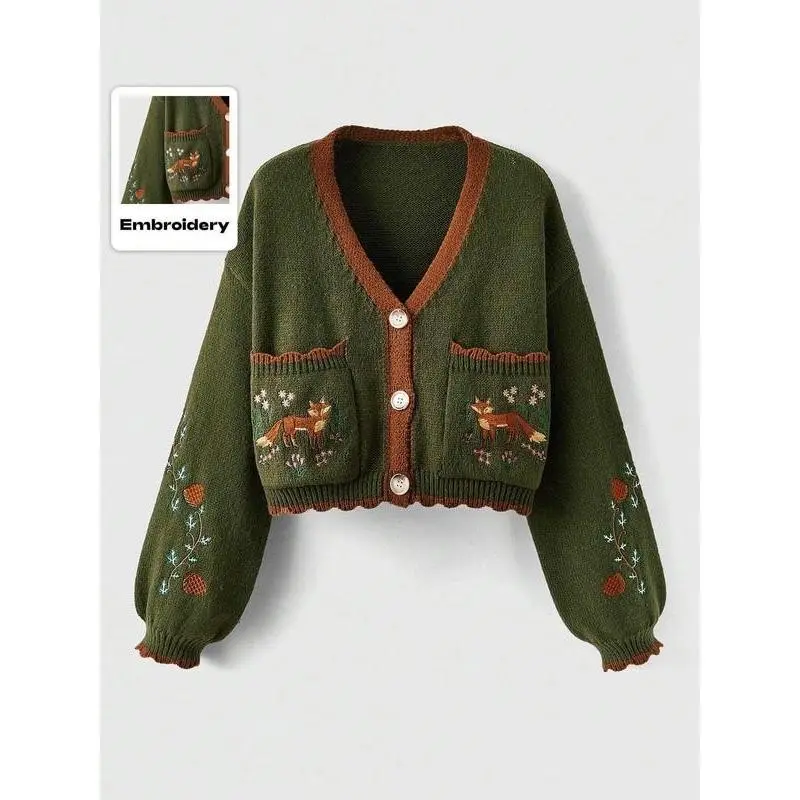 Women's V Neck Button Front Fox Embroidery Pocket Loose Knit Cardigan, Casual Short Sweater for Fall & Winter, Ladies Fashion Outerwear Knitwear