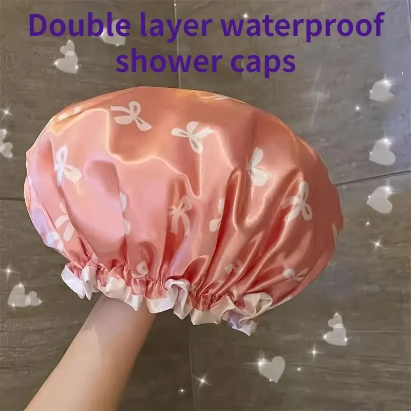Double Layer Waterproof Shower Cap for Women, Reusable Printed Bath Bonnet Hair Cap, Soft Elastic Comfortable Bathing Hat for Home Shower, Spa Salon & Hair Care, Durable Washable Hair Protection Cap