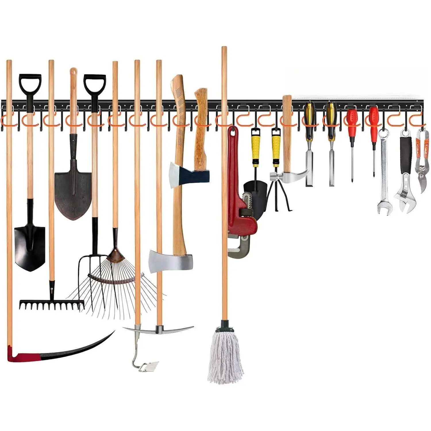 68'' All Metal Garden Tool Organizer Adjustable Garage Tool Organizer Wall Mount Garage Organizers and Storage with Heavy Duty Hooks Tool Hangers  Garage Wall, Shed, Garden