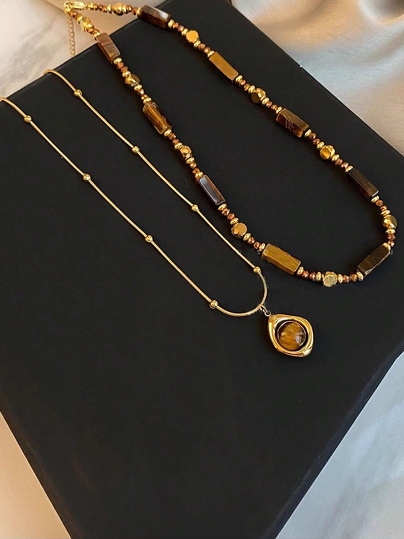 Women's Stainless Steel Necklace Set, Vintage Artificial Tiger's Eye Stone Pendant Jewelry, Artificial Gemstone Necklace for Daily Wear & Gifts, Layered Necklaces, Fashion Accessory Necklace, Fashion Necklace (The color of the stone is random)