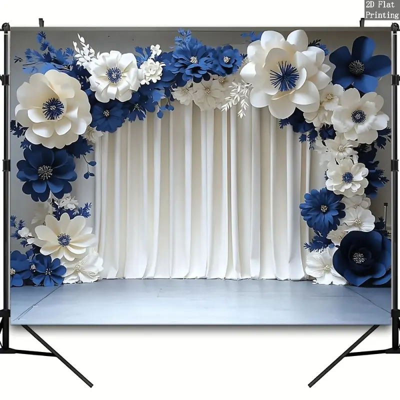 Polyester 2D Navy Blue Floral Print Decorative Fabric Banner - Exquisite Design, Indoor Unisex Backdrop for Photography Studios, Graduation Party Decor