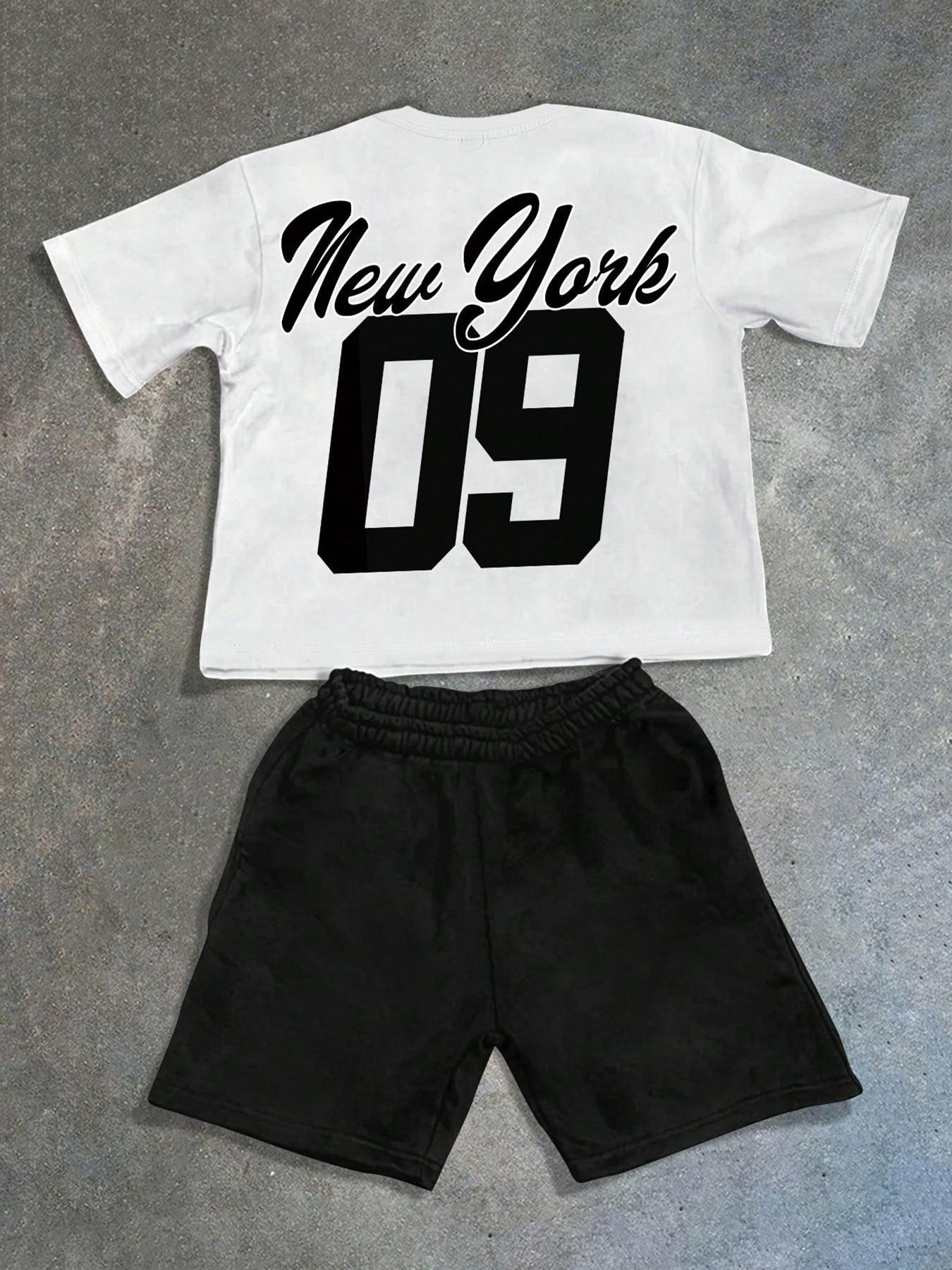 Men's Statue Of Liberty & Letter Print Short Sleeve Tee & Shorts Two-piece Set, Regular Fit Casual Round Neck T-shirt & Track Shorts, Men's Summer Clothes