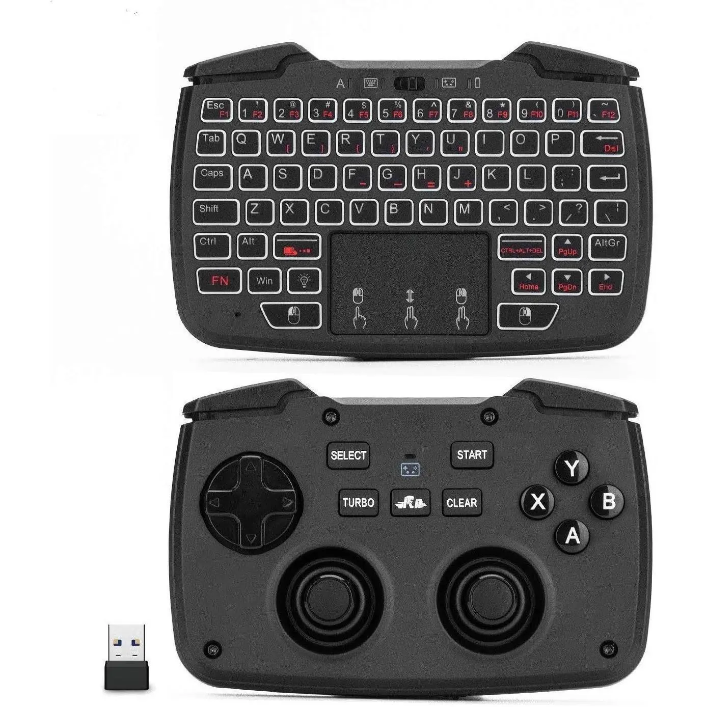 (Backlit Version) RK707 3 in 1 Multifunctional 2.4GHz  Portable  Controller 62-Key Rechargeable Keyboard  Combo Turbo Vibration Function for PC/Raspberry pi2/Android TV /TV B