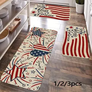 Jit 1/2/3pcs Flannel Memorial Day & July 4th Independence Day Home Decorative Machine Washable Rug Set, Soft Bedside Mat, Kitchen Hallway Floor Runner Carpet
