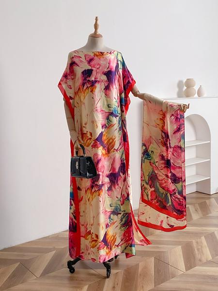 Women's Fashion Print Long Robe Set, Moomoo Dress + Scarf Headband, Casual Woven Fabric, Thin All-Season Wear, Beach Sun Protection