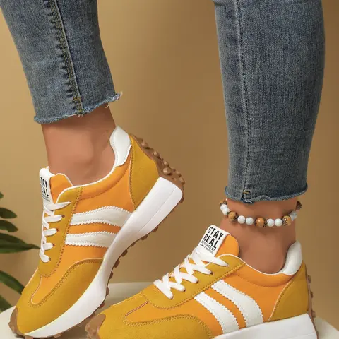 Comfortable Retro Striped Thick Rubber Sole Sneakers, Neutral Walking Training Shoes, Lightweight Casual Anti-Slip Sports Shoes for Daily Wear, Everyday Casual Sneakers