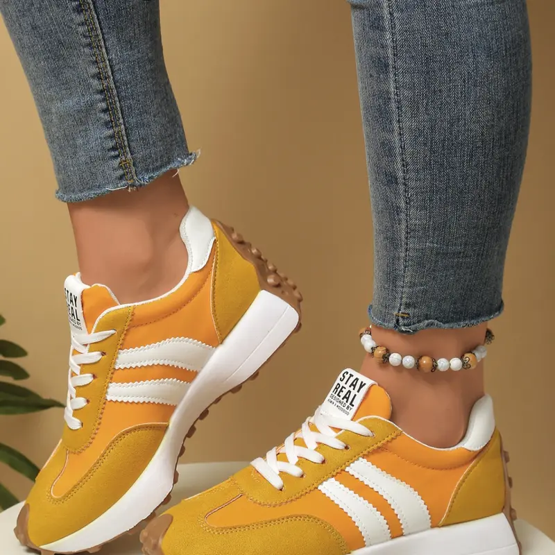 Comfortable Retro Striped Thick Rubber Sole Sneakers, Neutral Walking Training Shoes, Lightweight Casual Anti-Slip Sports Shoes for Daily Wear, Everyday Casual Sneakers