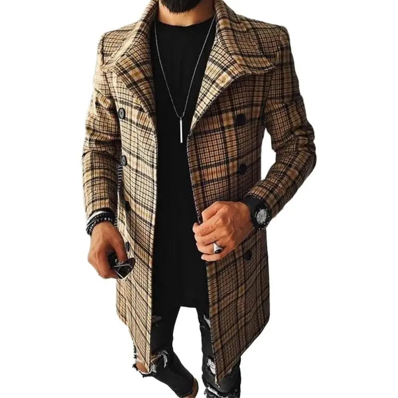 Men's Casual Trench Coat Fashion Plaid Splicing Single Breasted Mid Length Peacoat Fall Winter Warm Jacket Outwear