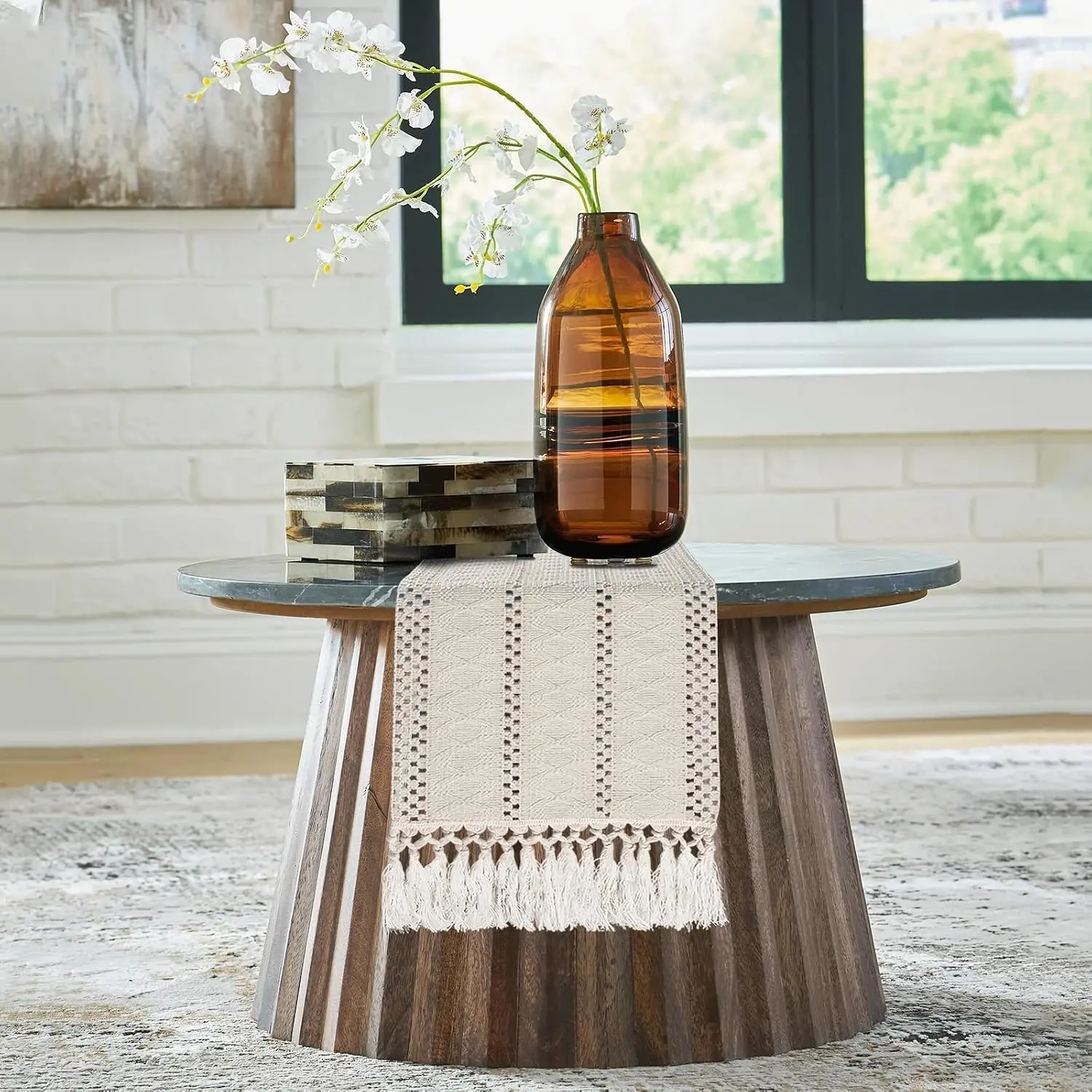 Boho Table Runner 36 Inches, Beige Coffee Table Runner Short, Small Macrame Dresser Runner Scarf for Bedroom, Nightstand, End Table, Kitchen, Summer Bohemian Table Decor