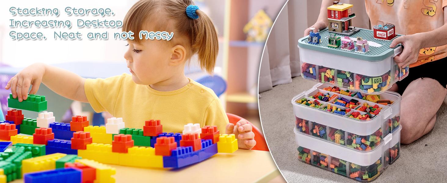 Toys Organizer Storage Case for Lego Box Kids Toy Stackable Building Blocks with Lids Bins Adjustable Lego Storage Containers Plastic Toy Box 1 Layer (Lemon)