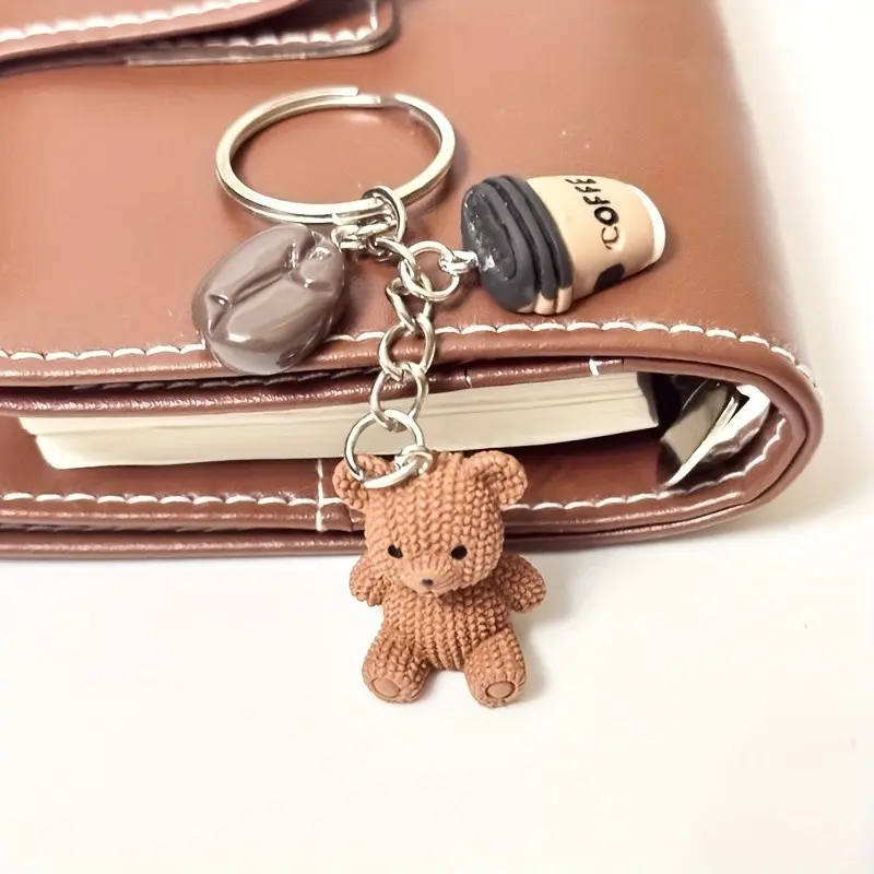 Cute Teddy Bear Coffee Charm Keychain, Metal Ring Closure, Perfect Gift for Coffee Lovers, Stylish Accessory for Bags and Notebooks