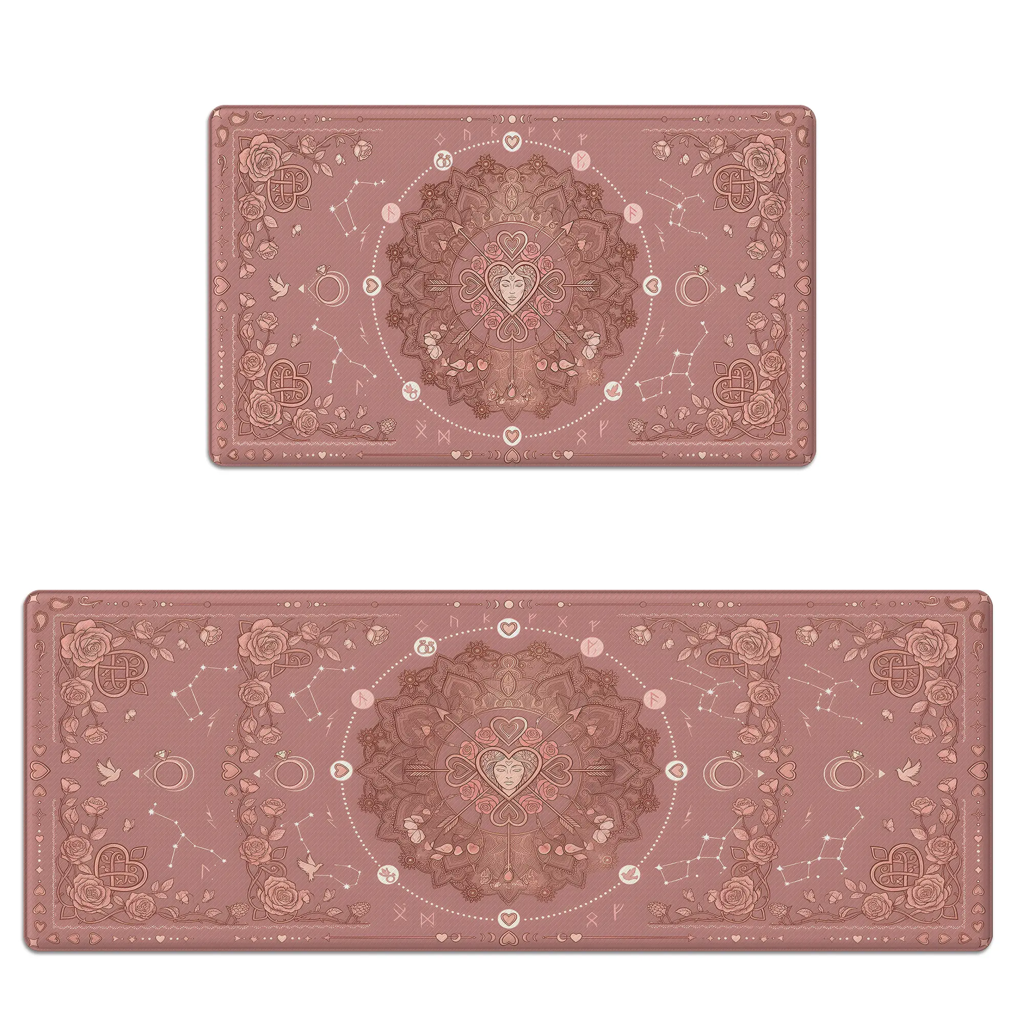 Kitchen Mat Set of 2 Anti-Fatigue Cushioned Memory Foam Non-Slip Scratch-Resistant & Waterproof Pink Floral Mandala Rugs